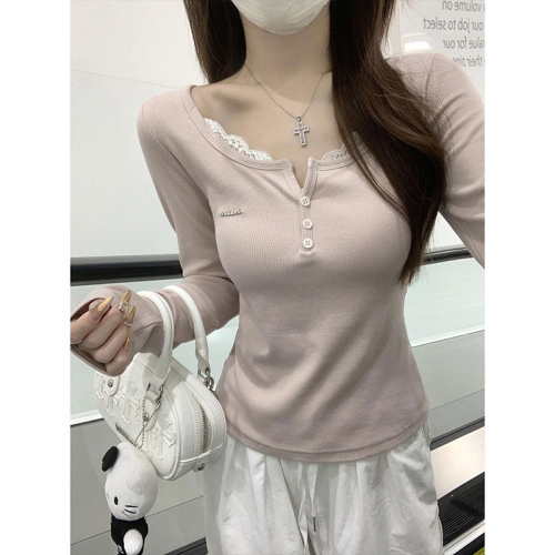 Original good fabric Korean style pure desire lace splicing long-sleeved right shoulder T-shirt autumn slim fit inner top