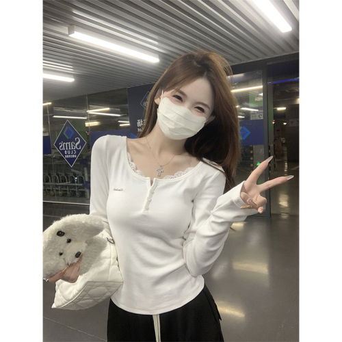 Original good fabric Korean style pure desire lace splicing long-sleeved right shoulder T-shirt autumn slim fit inner top