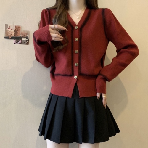 Large size small fragrant style sweater knitted cardigan for women New Year Christmas red autumn and winter high-end top jacket
