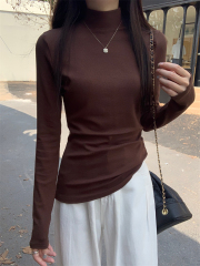 Real shot, real autumn and winter half turtleneck bottoming shirt with top, slim solid color long-sleeved T-shirt for women