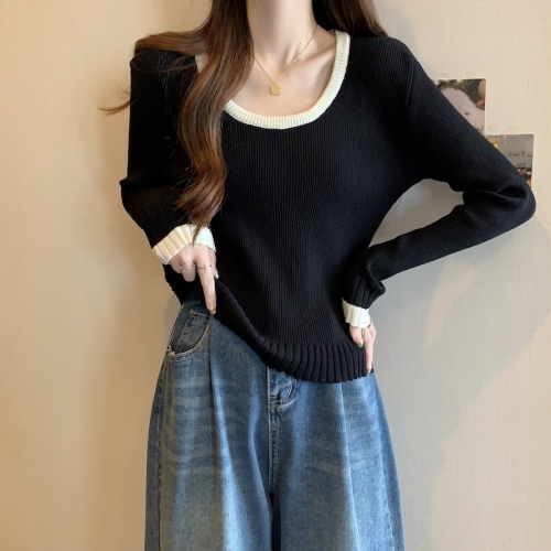 Large size French square collar black sweater long-sleeved women's 2024 slightly fat mm slim inner top