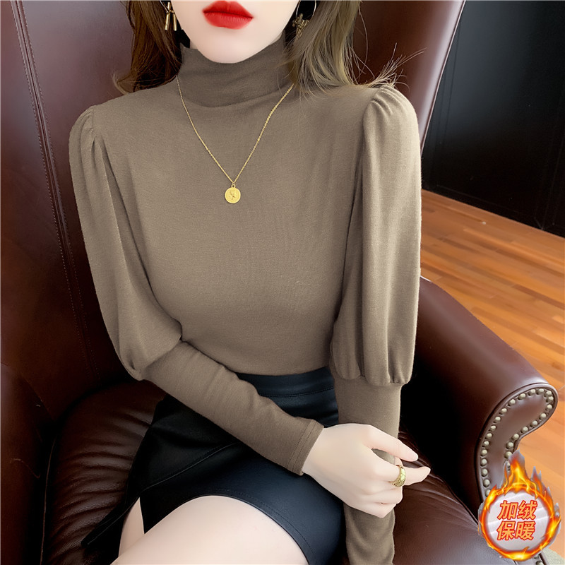Brushed thickened half turtleneck bottoming shirt for women autumn and winter slim design lantern long sleeve puff sleeve top