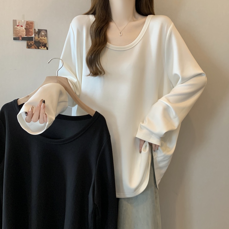 Fat girl large size solid color long-sleeved T-shirt loose slimming top