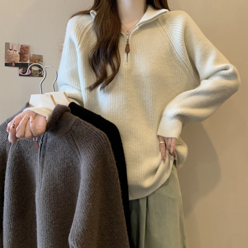 2024 Autumn and Winter New Casual Versatile POLO Collar Pullover Sweater Large Size Fat MM Loose Soft Waxy Sweater