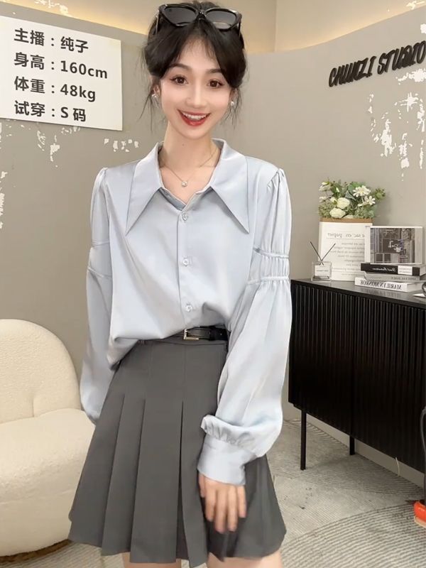 Korean chic niche design polo collar satin texture gentle style long-sleeved shirt women's 2024 shirt