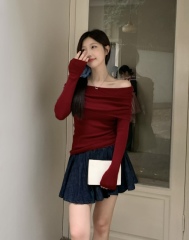 Plus size women's retro one-shoulder long-sleeved sweater autumn fat MM slimming sweater off-shoulder bottoming shirt