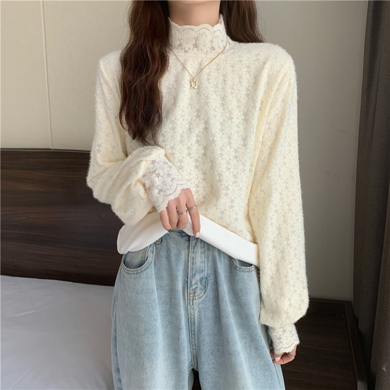 Large size half turtleneck plus velvet and thickened brushed lace bottoming shirt