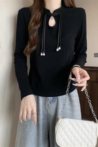 Large size 2024 new Chinese style design stand collar long-sleeved T-shirt solid color tops for women