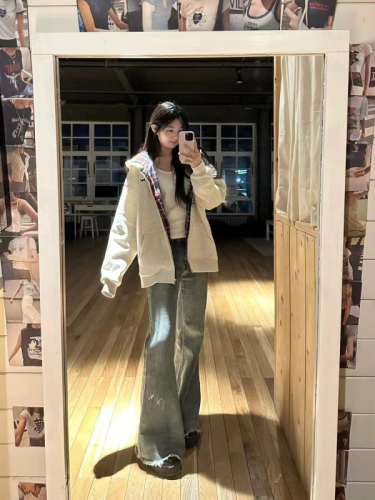 Early Autumn New Checkered Patchwork Hooded Sweatshirt Outerwear for Women, Sluggish Style Oversize Loose Matchy Top