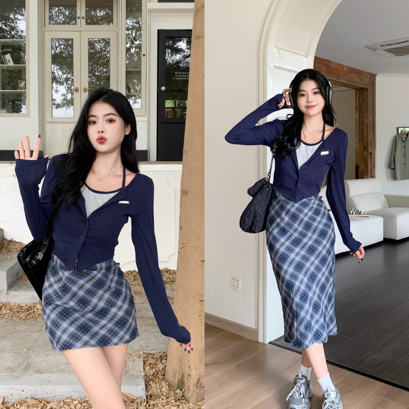Plus size deconstruction slightly fat high waist slimming hot girl suit plaid skirt two-piece long skirt for women