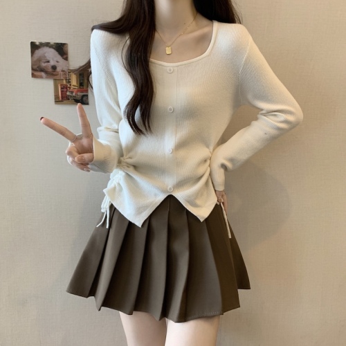 Large size belly-covering drawstring irregular long-sleeved bottoming women's spring and autumn fat mm slimming flesh-covering V-neck sweater