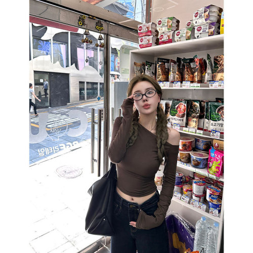 2024 original quality hot girl oblique shoulder long-sleeved T-shirt women's autumn inner slim fit versatile top