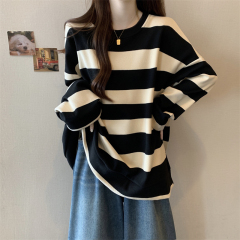 Plus size fat girl thickened velvet loose mid-length striped fashion round neck sweatshirt