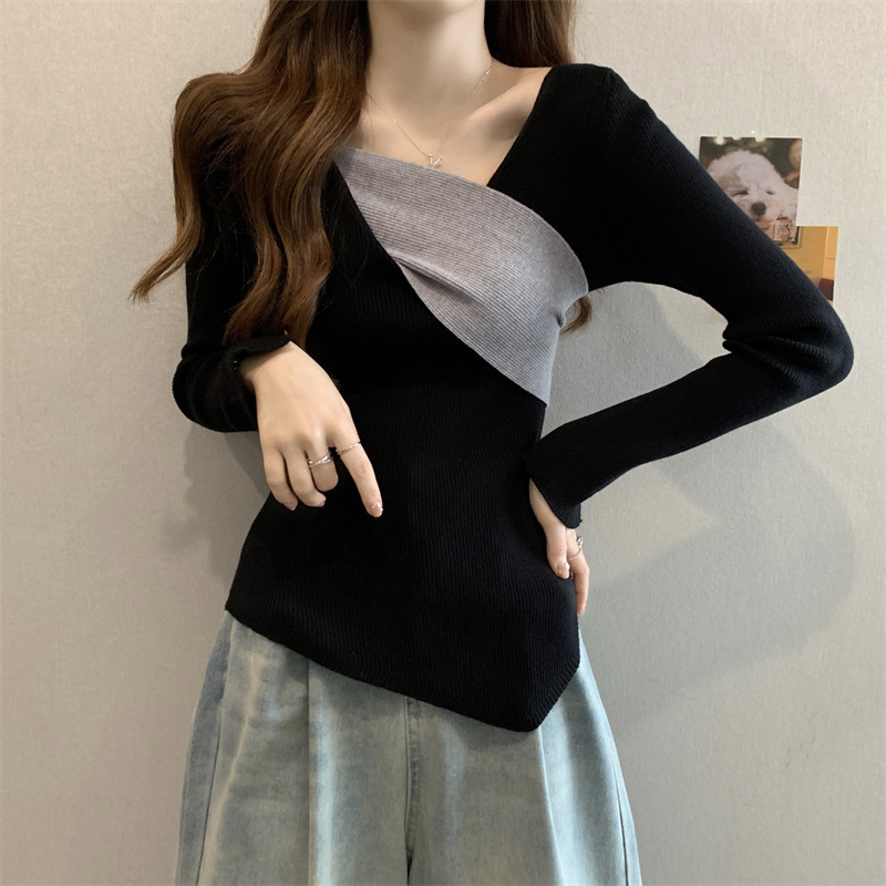 New style small fragrant style contrasting color v-neck sweater niche chic design slim cross bottoming top for women