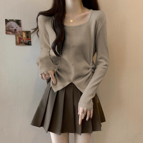 Large size belly-covering drawstring irregular long-sleeved bottoming women's spring and autumn fat mm slimming flesh-covering V-neck sweater