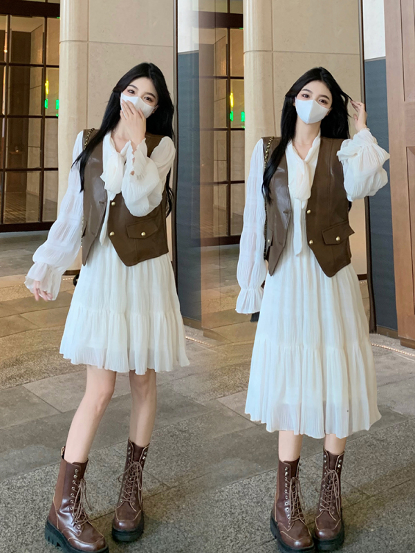 Large size women's French retro temperament leather vest jacket + gentle style sweet waist slimming dress
