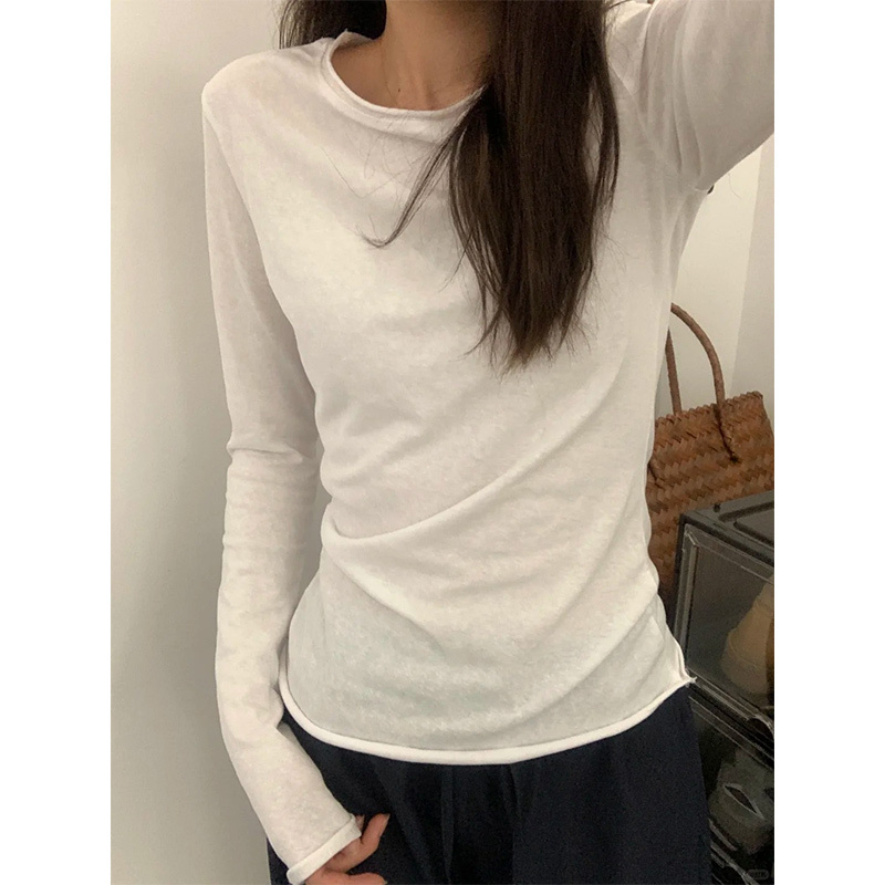 Korean style simple style thin autumn chic curled loose long-sleeved T-shirt basic inner top for women