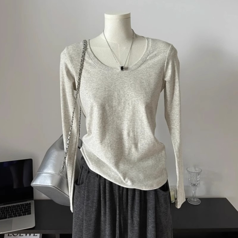 Spot pure cotton threaded 1*1 bottoming shirt for women spring and autumn thin section slim solid color trendy round neck long-sleeved T-shirt tops for women