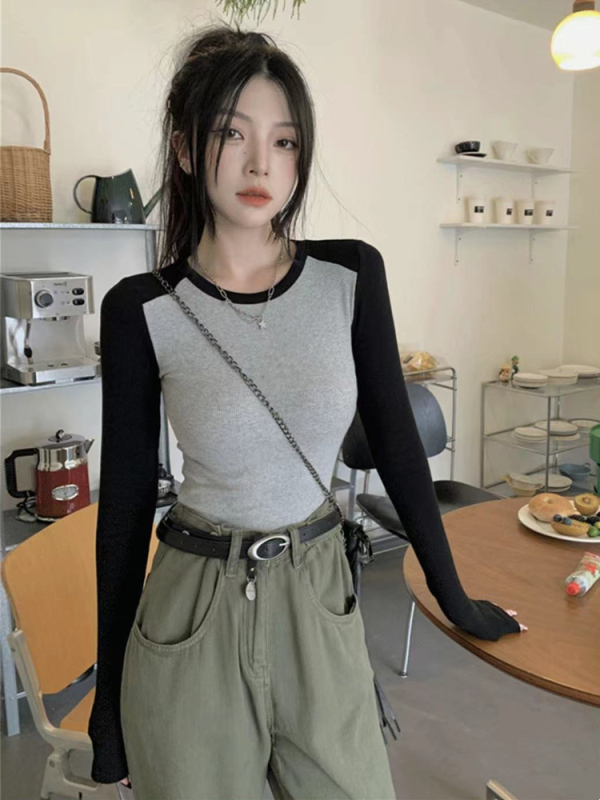 Korean chic design American autumn high-end color matching original workmanship quality thickened threaded long-sleeved T-shirt for women