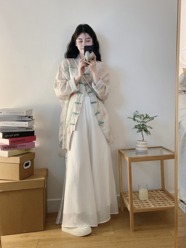Literary ramie peony print handmade loose buckle stand collar top mid-length cardigan sun protection suit