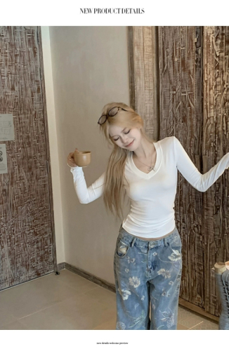 Modal 92 rayon 8 spandex 260g solid color V-neck long-sleeved T-shirt women's slim sun protection shirt versatile top