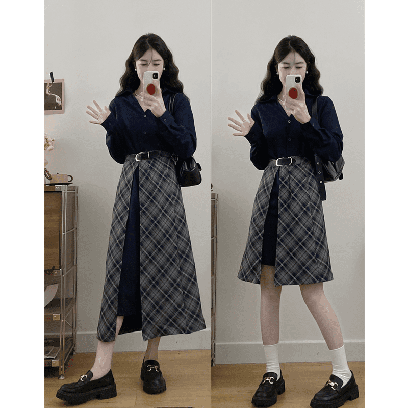 2024 Spring and Autumn New Style Patchwork Waist Slimming Fake Two-piece Shirt Dress Women's Retro Style Clothes