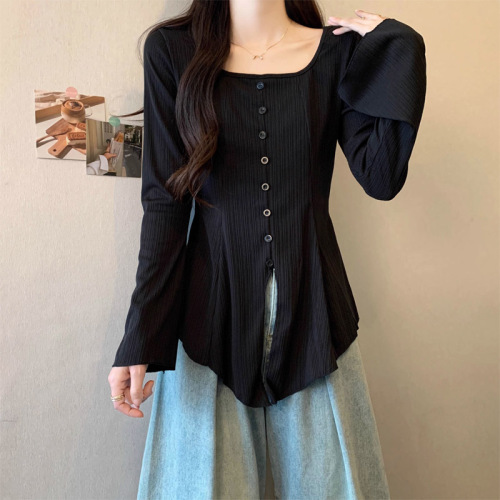 Original workmanship square neck long-sleeved T-shirt for women plus size fat mm waist-covering belly shirt irregular slit top