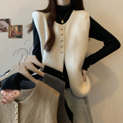 Autumn and winter new style right shoulder simple single breasted knitted vest women's large size loose versatile vest top