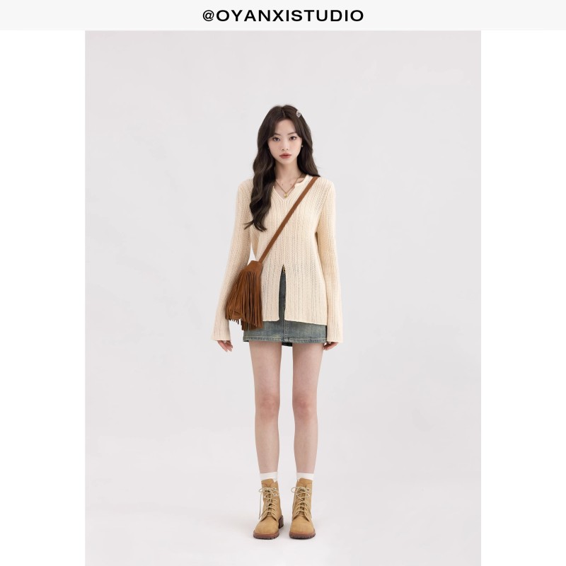 Ouyang Xi Spring Commuting Simple Solid Color Top Women's Casual Versatile Fashion Loose Slim Wool Sweater Set