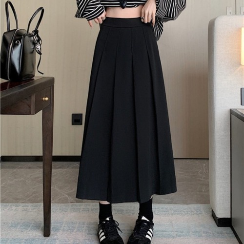 Autumn and winter pleated skirt for fat girls, age-reducing A-line skirt, chic design skirt, summer mid-length skirt, solid color