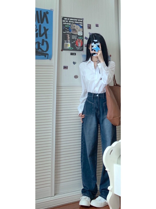 Small jeans women's new high-waisted straight-leg loose slimming design niche blue wide-leg pants