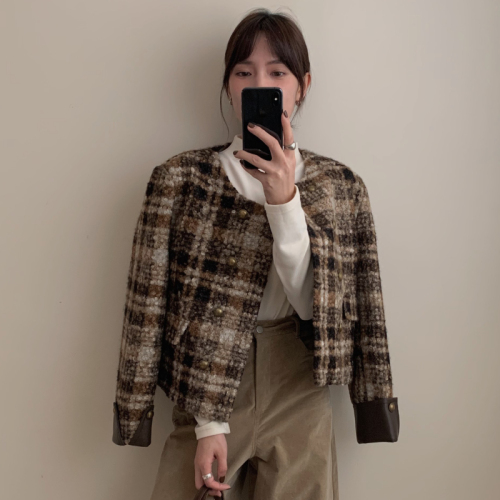 Real shot simple round neck plaid cuff splicing wool circle short coat