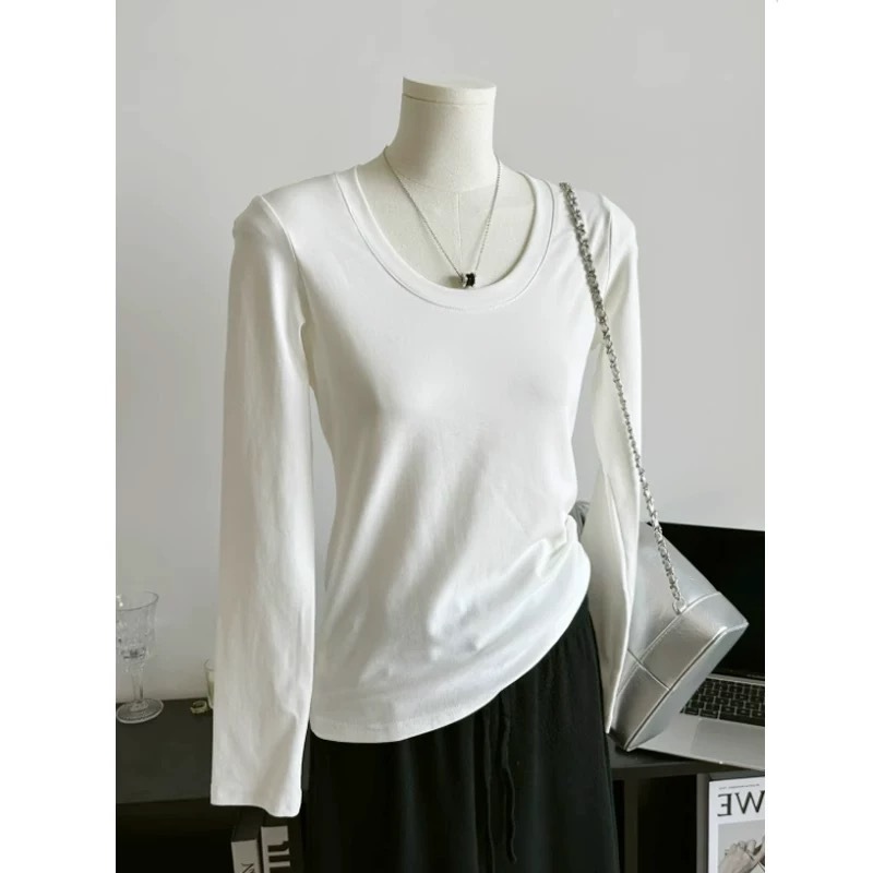 White long-sleeved T-shirt for women in autumn new European style slimming floral gray round neck inner bottoming shirt and shoulder top