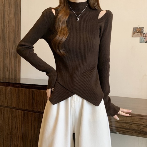 Large size half turtleneck off-shoulder irregular bottoming sweater for women in autumn and winter plus size fat mm temperament age-reducing top