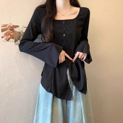 Original workmanship square neck long-sleeved T-shirt for women plus size fat mm waist-covering belly shirt irregular slit top