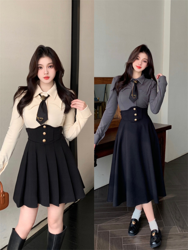 Slightly fat, slim, college style suit for women 2024 new spring and autumn design long-sleeved shirt waist fishbone skirt