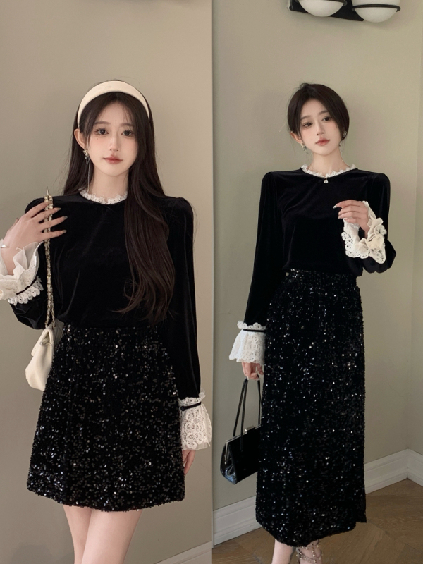 Plus size women's French lace splicing velvet top women's autumn and winter all-match sequined skirt suit