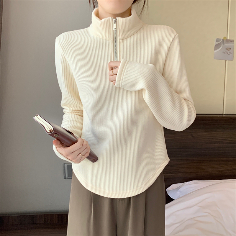 Autumn and winter fat MM new solid color zipper half turtleneck plus velvet warm and stylish slimming simple versatile bottoming shirt