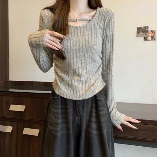 Large size autumn and winter flannel knitted inner layered shirt women's long-sleeved top with irregular hem
