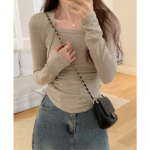 300g original AB face sheep cashmere autumn and winter thickened velvet square collar bottoming shirt with irregular T-shirt