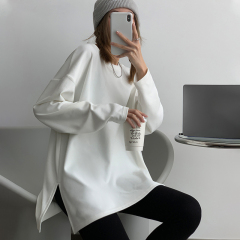 Double-sided German velvet round neck German velvet white bottoming shirt with loose hem and slit ins style autumn and winter warm long-sleeved T-shirt