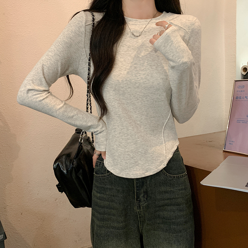 Real shot 1*1 threaded 210g long-sleeved T-shirt women's trendy solid color spring and autumn thin section slim bottoming shirt round neck top