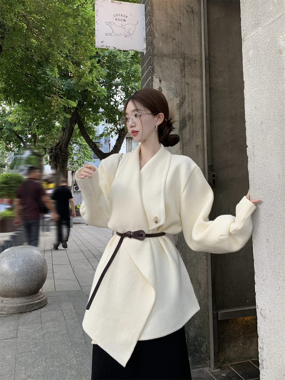 Real shot~ French style high-end collar with belt long loose slimming long-sleeved knitted cardigan 