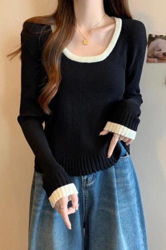 Large size French square collar black sweater long-sleeved women's 2024 slightly fat mm slim inner top
