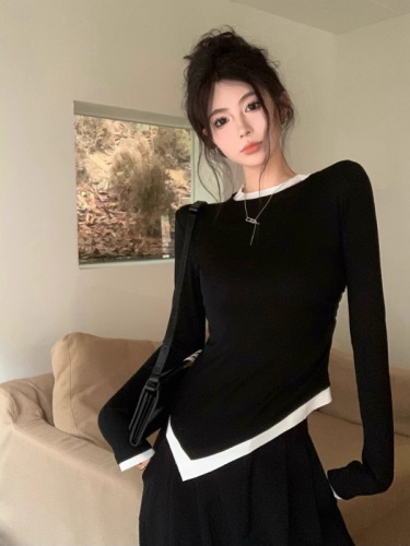 Fake two piece right shoulder long sleeve American slim fit T-shirt with irregular shape