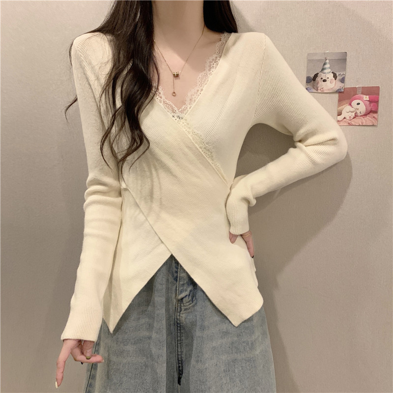Autumn and winter design cross lace edge long-sleeved sweater for women irregular waist base sweater