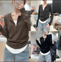 New autumn bottoming shirt, slim long-sleeved, fashionable, versatile, slim, stylish, fake two-piece design top for women
