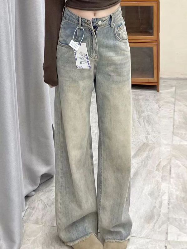 Ready stock ~ Distressed retro wide-leg jeans for women, new high-waisted, loose, slimming, raw-edged straight-leg floor mopping pants