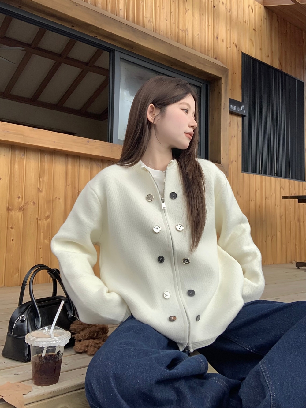 Actual shot of niche design loose knitted cardigan button decoration solid color round neck sweater jacket for women