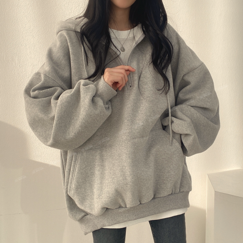 Velvet thickened zipper hooded sweatshirt women's coat autumn and winter loose bf lazy trend niche